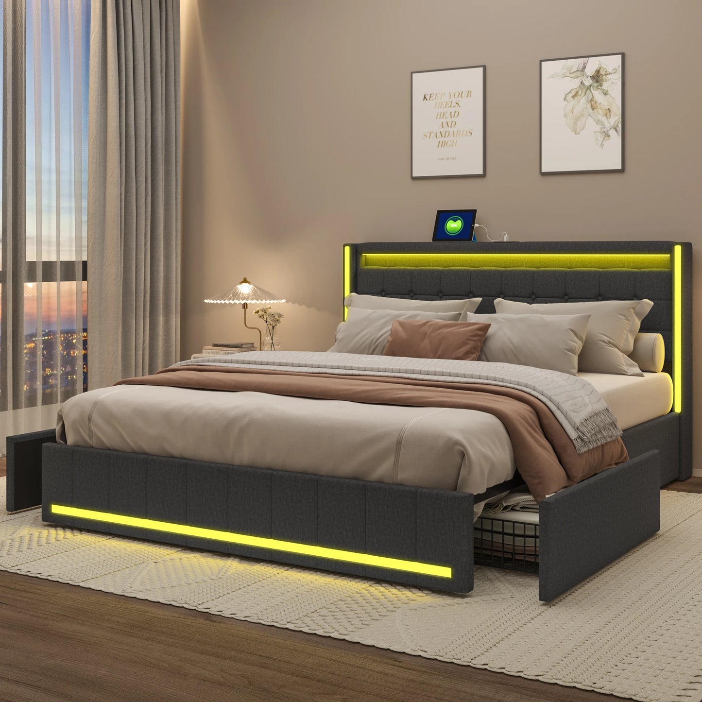 Lit capitonné 140/160x200 cm, tête de lit avec éclairage LED et fonction de chargement USB, lit double avec 4 tiroirs, lit fonctionnel