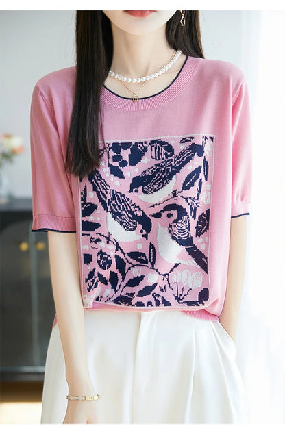 2025 été nouveau 100% Lyocell femmes à manches courtes décontracté col rond jacquard dessin animé T-shirt lâche hauts en tricot pull t-shirts cool