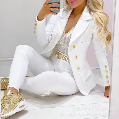 Veste crayon taille haute à double boutonnage pour femme, col imbibé, blanc tempérament, mode Piedmont, printemps et été, 2 pièces