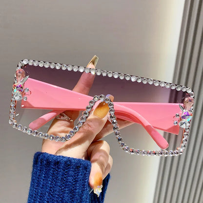 Lunettes de soleil une pièce pour femmes, grande monture rectangulaire incrustée de diamants, avec diamants d'eau