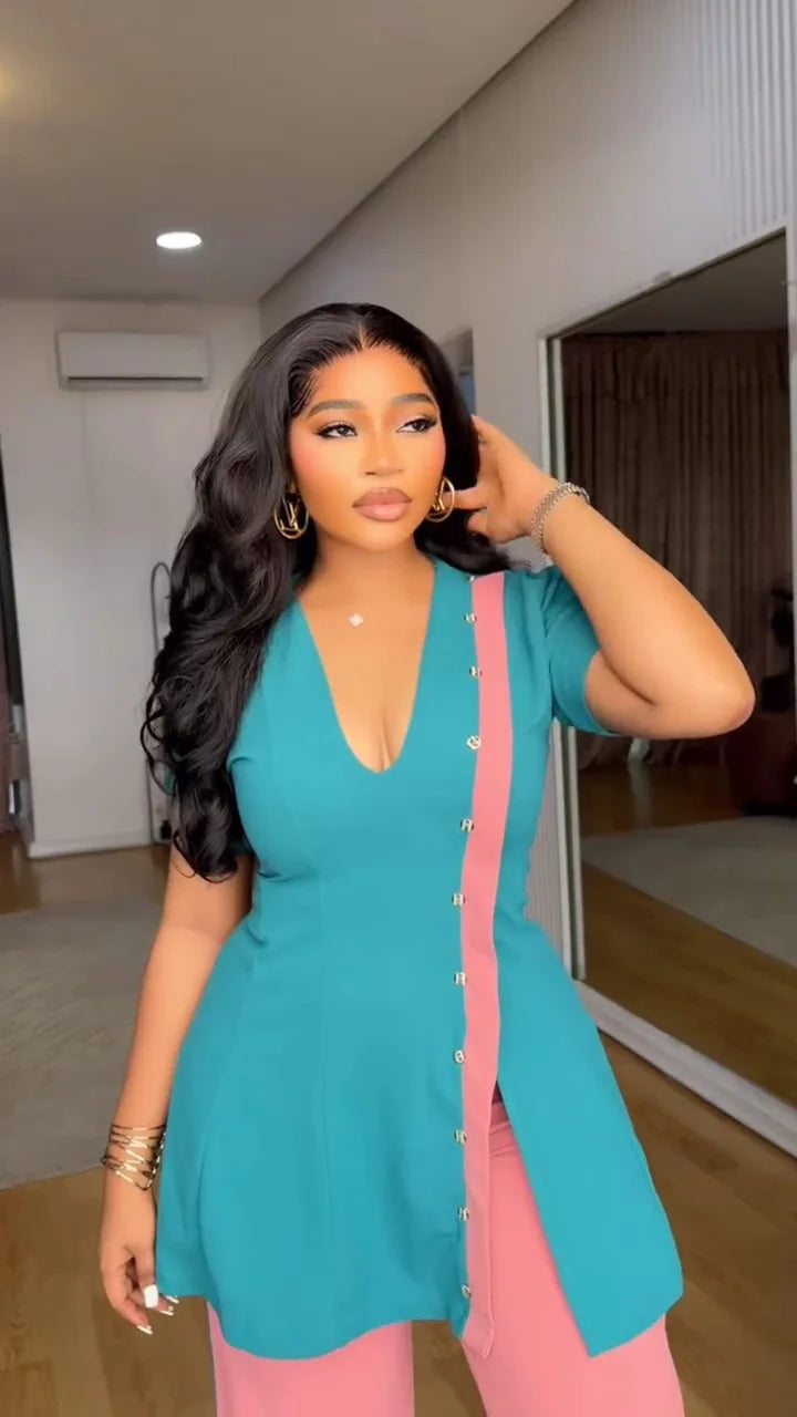 BERAKAH SUPRÊME -Haut rigide à col en V avec pantalon à jambes larges en Patchwork, ensemble deux pièces de Style africain, tenue d'affaires pour femmes, tenues d'été pour femmes