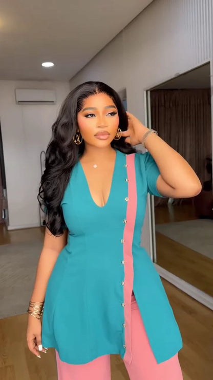 BERAKAH SUPRÊME -Haut rigide à col en V avec pantalon à jambes larges en Patchwork, ensemble deux pièces de Style africain, tenue d'affaires pour femmes, tenues d'été pour femmes