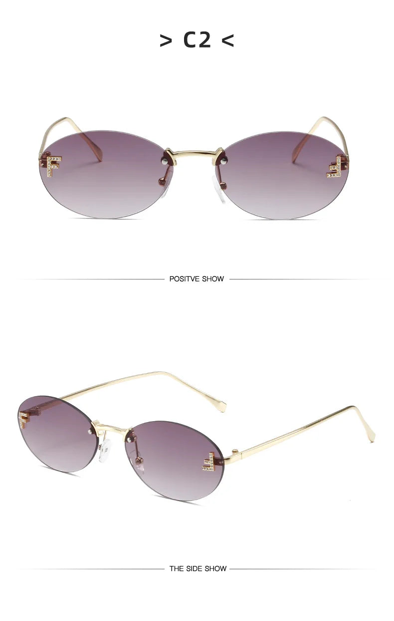 Lunettes de soleil noires sans bords avec petite lettre ovale en diamant «F» pour femmes, marque de luxe, monture métallique, lunettes de soleil Unsiex, nuances élégantes UV400