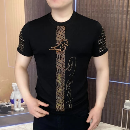 Luxe strass T-shirt à manches courtes pour hommes été col rond coupe ajustée décontracté T-shirt Social Streetwear T-shirt hauts M-5XL