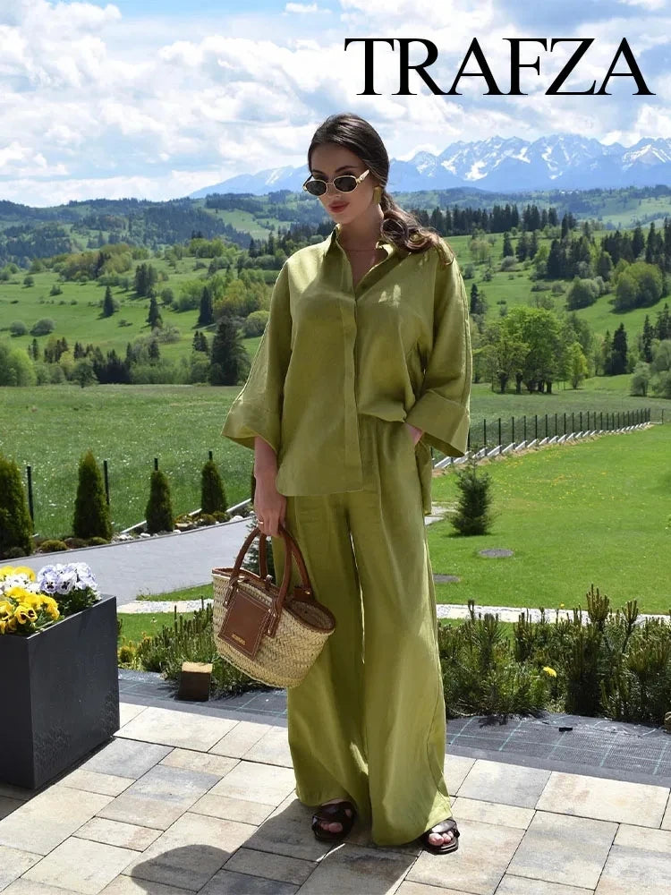 TRAFZA 2024 femmes 2 pièces ensemble taille élastique poche plis décorer pantalon à jambes larges + solide simple boutonnage fente ourlet Blouse haut