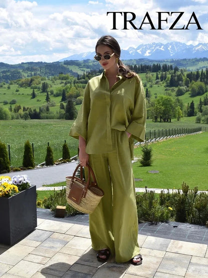 TRAFZA 2024 femmes 2 pièces ensemble taille élastique poche plis décorer pantalon à jambes larges + solide simple boutonnage fente ourlet Blouse haut