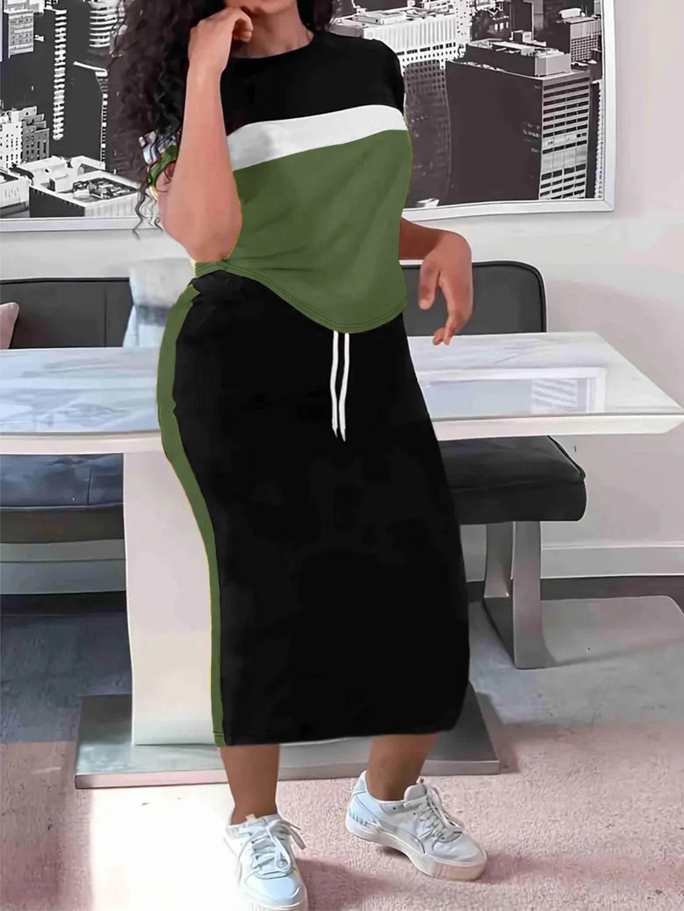 Ensemble demi-jupe d'été pour femmes, deux pièces, manches courtes, rayures latérales, ceinture de taille réglable, ample, décontracté, respirant, polyvalent