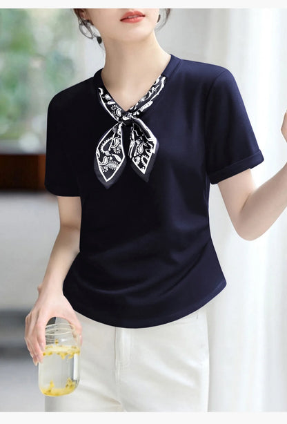 T-Shirt à manches courtes et col en V pour femme, écharpe structurée, épaules froncées, cravate à la taille, amincissante, nouvelle collection 2025