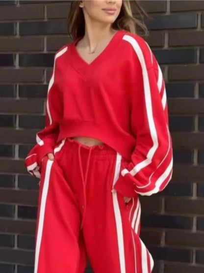 Ensemble 2 pièces pour femmes, haut court à manches longues, col en v + pantalon à jambes larges, avec poches bloquées de couleur, ample, nouvelle mode automne