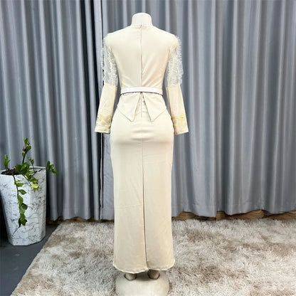 Robe longue africaine à col en v, ornée de strass, manches en maille à bulles, ajustée à la taille, fente latérale, offre spéciale