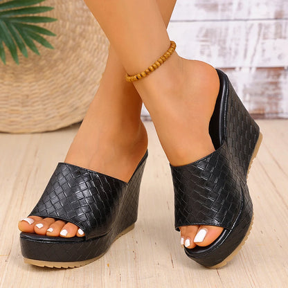 Plate-forme épaisse sandales à talons compensés femmes Sexy Peep orteil noir Pu cuir tissage diapositives femme Super haut talon anti-dérapant Sandalias Mujer