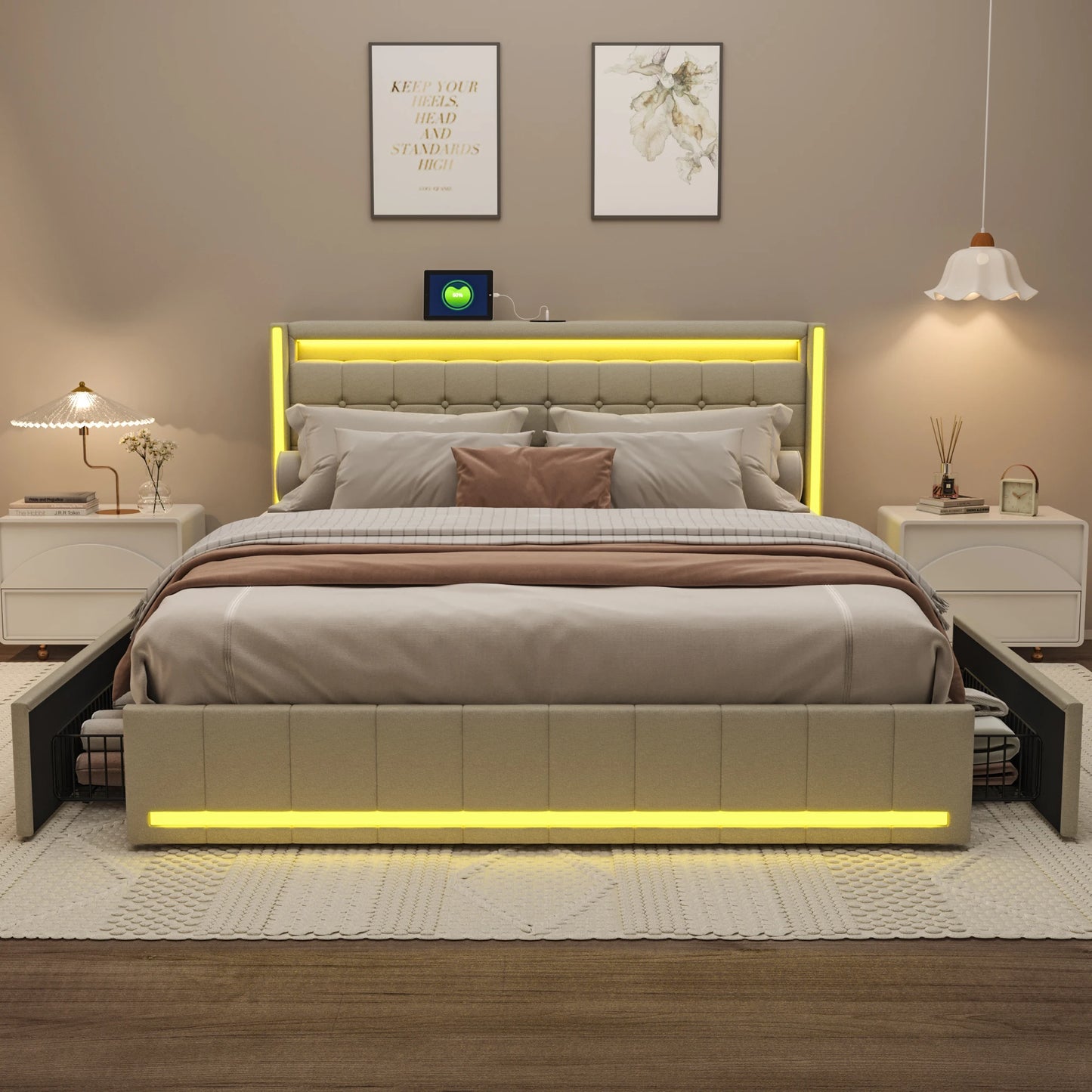 Lit capitonné 140/160x200 cm, tête de lit avec éclairage LED et fonction de chargement USB, lit double avec 4 tiroirs, lit fonctionnel