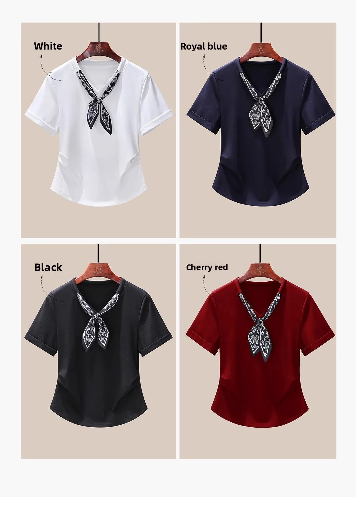 T-Shirt à manches courtes et col en V pour femme, écharpe structurée, épaules froncées, cravate à la taille, amincissante, nouvelle collection 2025