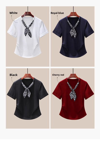T-Shirt à manches courtes et col en V pour femme, écharpe structurée, épaules froncées, cravate à la taille, amincissante, nouvelle collection 2025