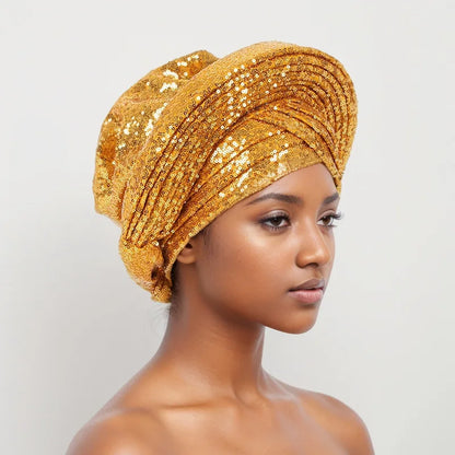 Paillettes Autogele Turban casquette pour femmes prêt africain Auto Gele casque Nigeria mariage Geles femme bandeau dame casque