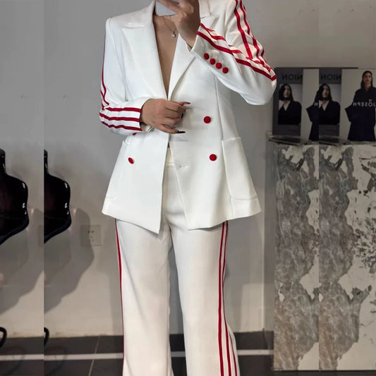 Ensemble de pantalons 2 pièces de luxe pour femmes, blazer à double boutonnage, revers Patricia, longueur régulière, coupe couvertes, haute qualité