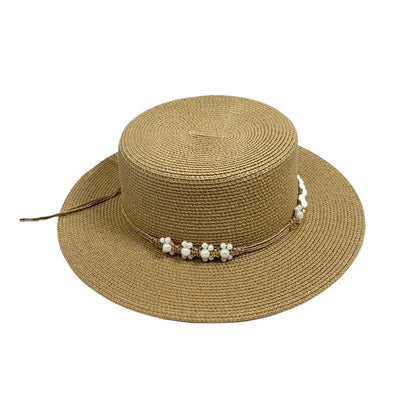 Chapeau plat d'été pour femmes, nouveau style, chapeau de soleil, de plage, de mariage, de thé, élégant, avec coiffure en perles, 모자