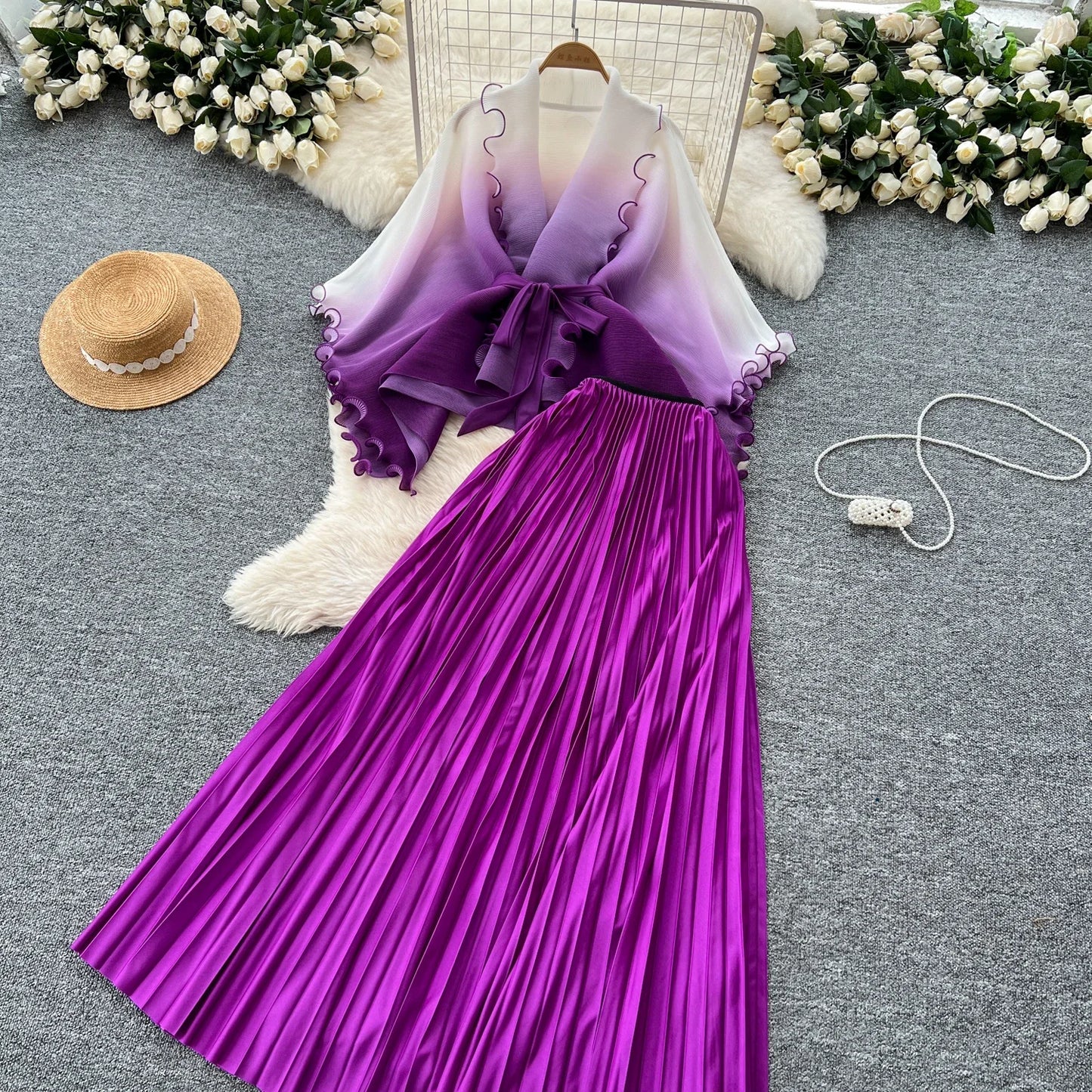 Miyake pli changement progressif couleur bord ondulé costume soleil jupe plissée à la mode et élégant deux pièces ensembles tenues pour femmes