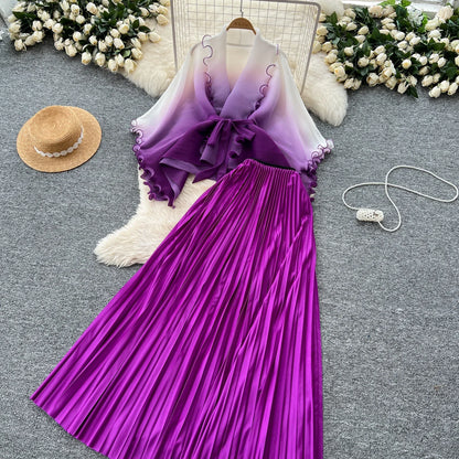 Miyake pli changement progressif couleur bord ondulé costume soleil jupe plissée à la mode et élégant deux pièces ensembles tenues pour femmes