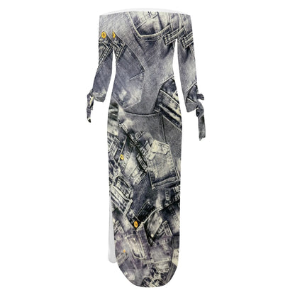 Robe en jean imprimé rétro, manches longues, coupe cintrée, élégante, décontractée, fente, col à une épaule