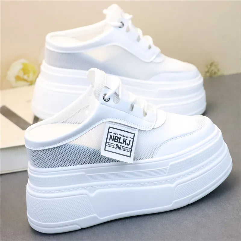 Pantoufles d'Été à Semelles Compensées pour Femmes, Chaussures Paresseuses en Maille Respirante pour Petits Pieds, Sandales à Plateforme Antidérapantes