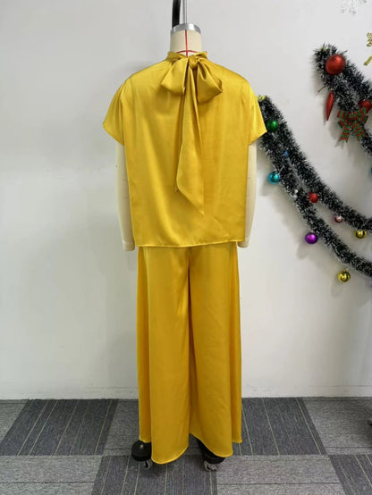 Haut à lacets en satin doux et pantalon à jambes larges pour femmes, ensemble assressenti, tenue, mode africaine, nouveau, 2 pièces, 2024