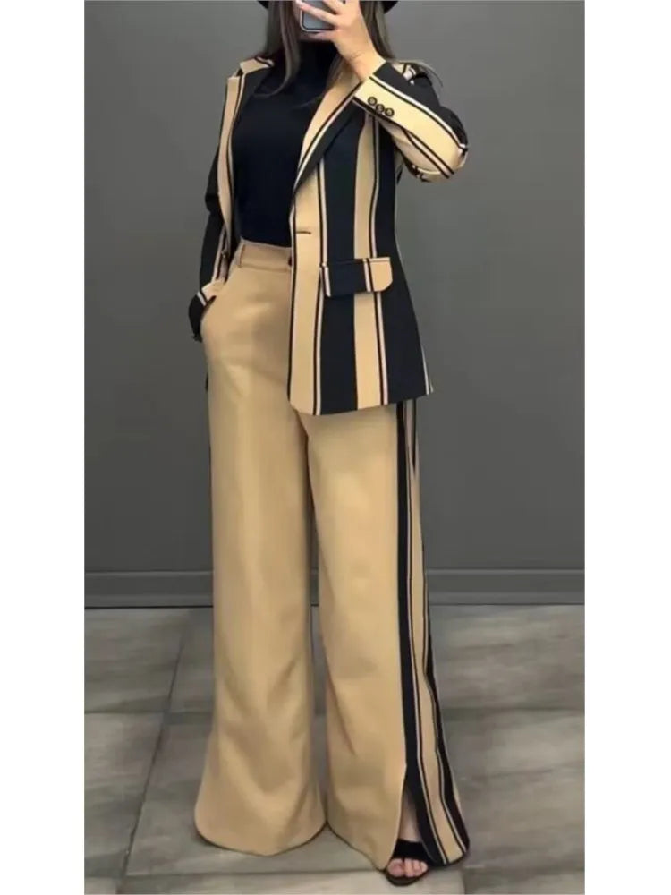 Femmes rayé imprimé costumes + pantalons deux pièces ensembles automne hiver décontracté jambe large pantalons ensembles bureau dames élégant manteaux tenues