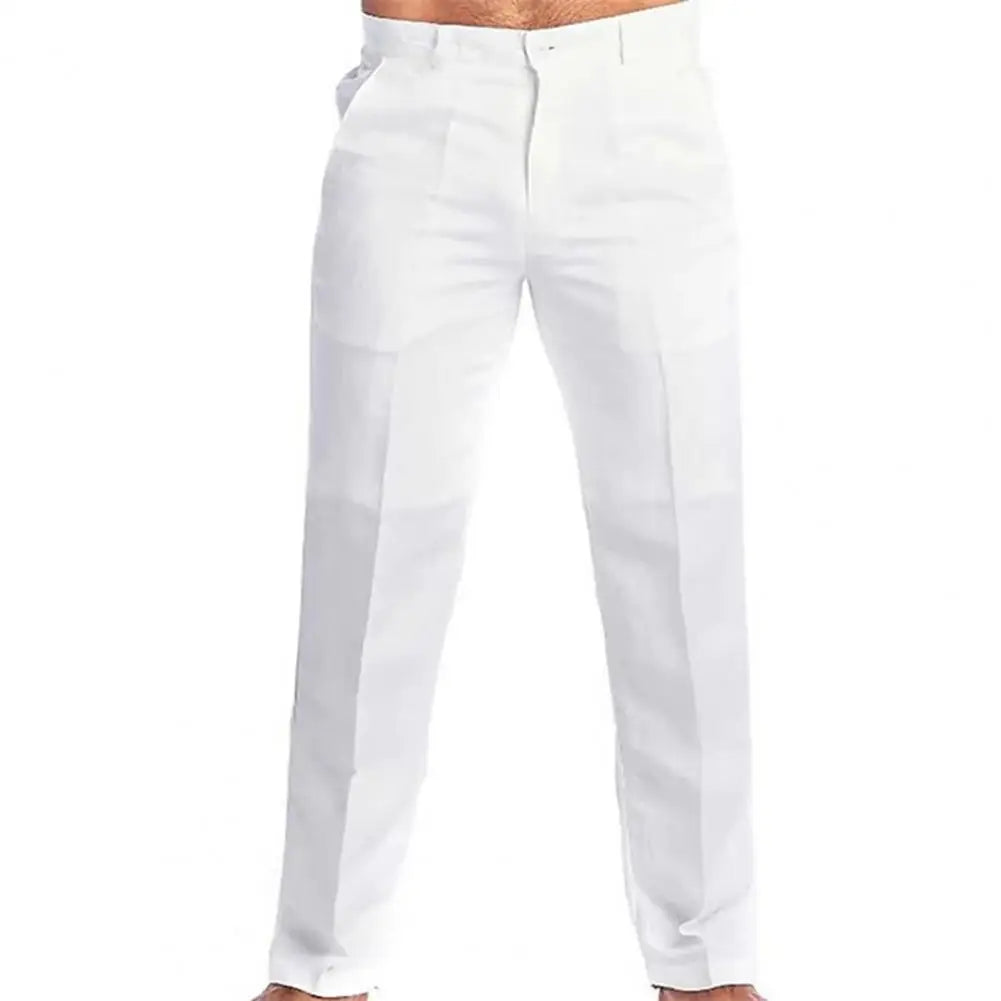 Pantalon en coton et lin pour hommes, Long, décontracté, élégant, taille moyenne, couleur unie, Slim Fit, fermeture éclair, bouton volant