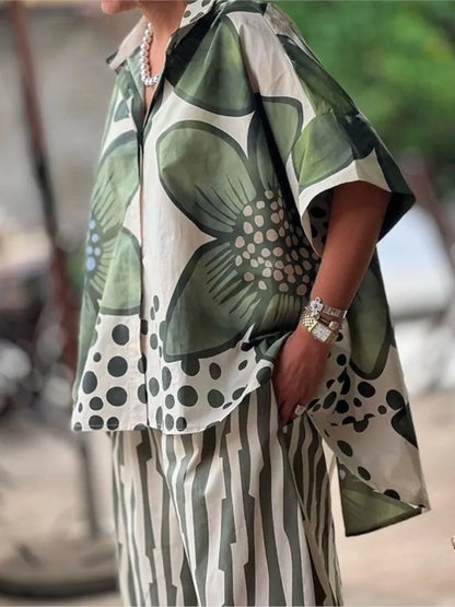 2025 femmes décontracté nouvelle impression ample deux pièces ensembles 2025 printemps et été revers manches courtes ensemble femme mode 2 pièces ensemble