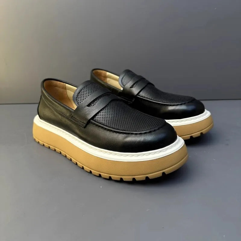 Mocassins en cuir de vachette à plateforme vintage pour hommes, chaussures en cuir véritable, respirant, évider, décontracté, conduite, affaires, été