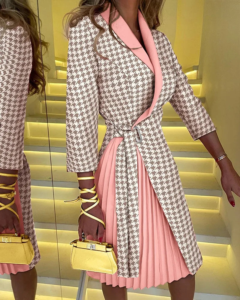 Robe mi-longue plissée à col en V pour femmes, taille à lacets, manches mi-longues, mode chic, robe de bureau élégante