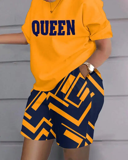 Ensemble deux pièces et short à poches pour femmes, t-shirt imprimé adt, short patchwork, col rond, blanc, décontracté, mode estivale