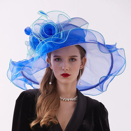 Femmes élégantes chapeau de soleil Organza Fedoras été chapeaux de soleil femmes Kentucky Derby large bord casquette de plage mariage Cocktail thé fête chapeaux