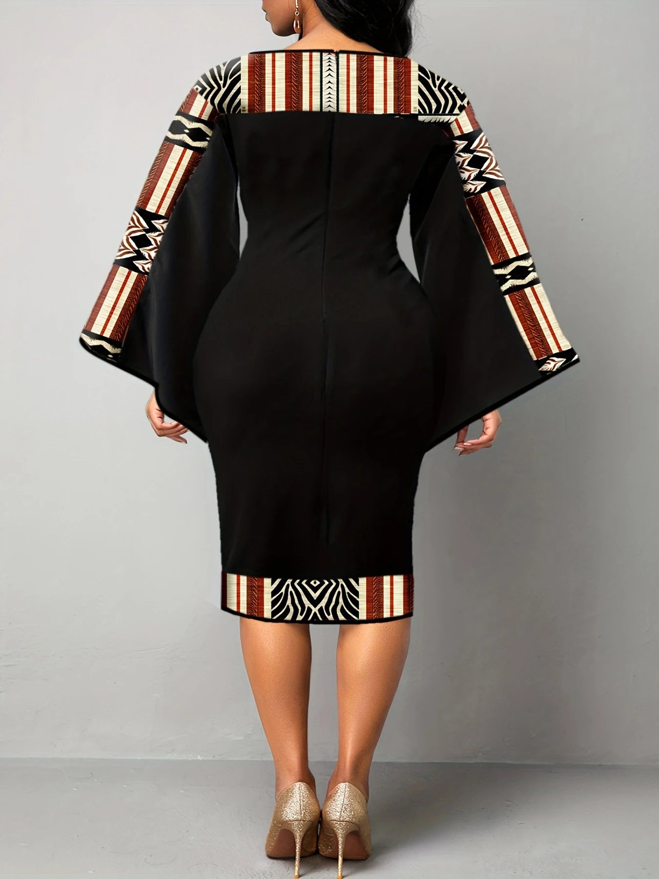 Robe élégante grande taille avec imprimé géométrique, col rond, manches à clapet, coupe couvertes à la mode, grande taille, élégante