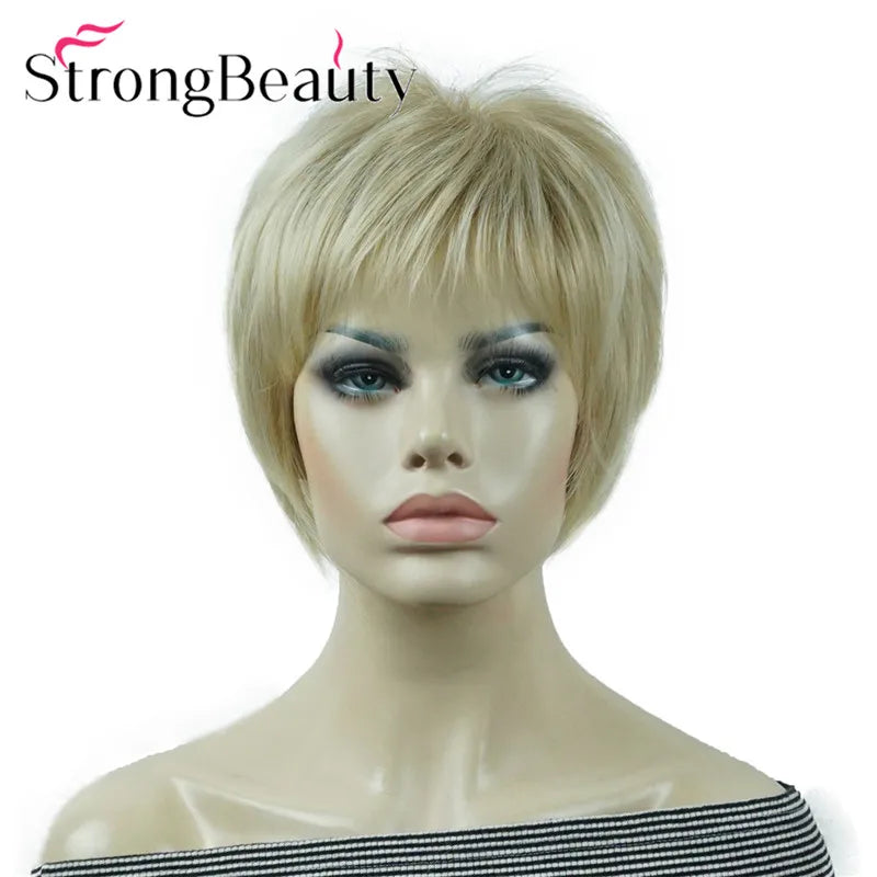 StrongBeauty-Perruques Synthétiques Courtes Droites, Cheveux Doux, Layered Shag, Ombre Blonde