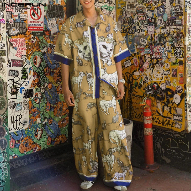 INCERUN hommes ensembles impression Patchwork revers manches courtes chemise et pantalon deux pièces ensembles été ample vacances décontracté hommes costumes