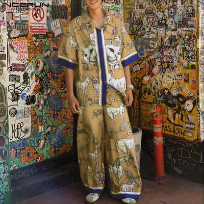 INCERUN hommes ensembles impression Patchwork revers manches courtes chemise et pantalon deux pièces ensembles été ample vacances décontracté hommes costumes