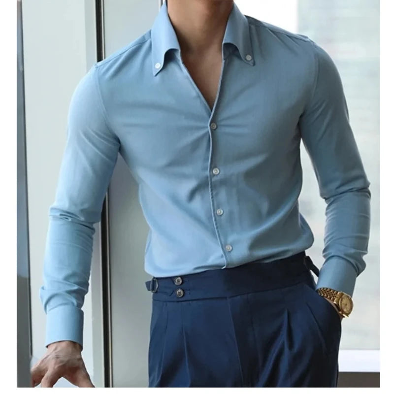 Chemise à col italien pour hommes, sans plis, décontractée, à la mode, coupe ajustée avec un Design à revers, vêtements de marque, pour jeunes, nouveau
