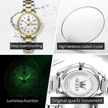 OLEVS montre à Quartz de luxe pour femmes montre élégante en acier inoxydable lumineux étanche semaine Date montre-bracelet dames robe montre