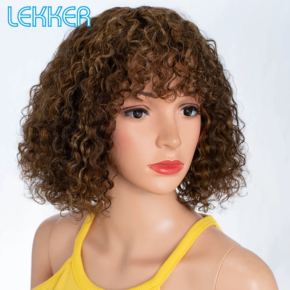 Lekker couleur courte Pixie Afro crépus bouclés Bob 100% perruques de cheveux humains avec frange pour les femmes brésilien Remy cheveux Ombre brun perruques