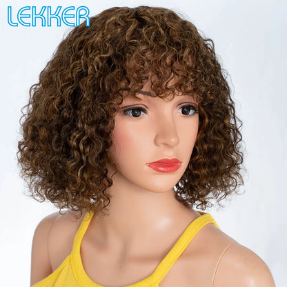 Lekker couleur courte Pixie Afro crépus bouclés Bob 100% perruques de cheveux humains avec frange pour les femmes brésilien Remy cheveux Ombre brun perruques