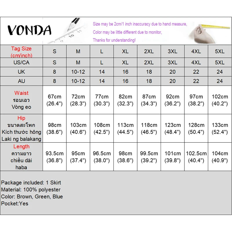 VONDA femmes jupes 2025 décontracté ceinture bouton conception fente longues jupes élégant couleur unie bureau dame bas surdimensionné