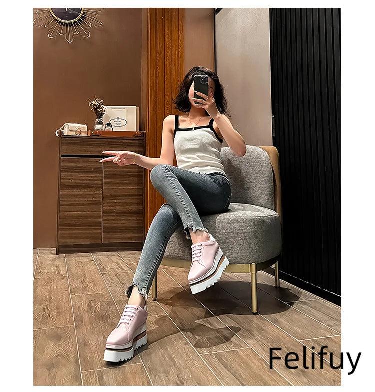 Baskets Blanches en Cuir de Vache pour Femme, Chaussures à Semelle Optique, Décontractées, à Lacets, Confortables, d'Extérieur, de Styliste, Printemps 2024