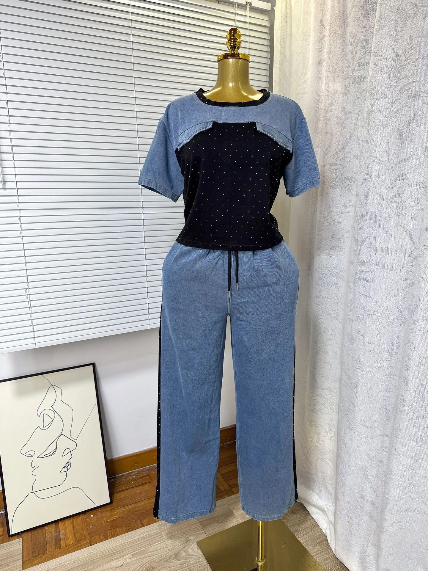 Ensemble deux pièces en Denim pour femmes, ensemble pantalon assorti, Streetwear Y2k, décontracté, perçage à chaud, hauts, jambes larges, pantalons longs, taille haute, 2025