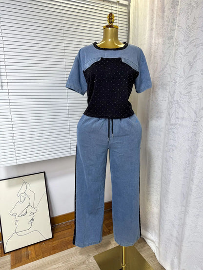 Ensemble deux pièces en Denim pour femmes, ensemble pantalon assorti, Streetwear Y2k, décontracté, perçage à chaud, hauts, jambes larges, pantalons longs, taille haute, 2025