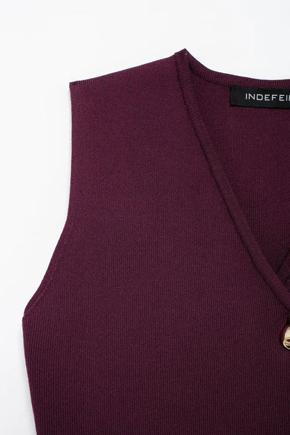 TRAFZA 2025 femmes jupe ensemble vin rouge tricoté col en v sans manches mince gilet + solide taille haute fermeture éclair Patchwork jupe longue rue