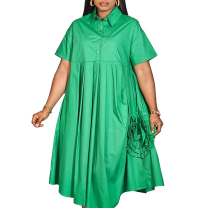 Robe chemise à manches courtes pour femmes, couleur unie, jupe trapèze, élégante, décontractée, Maxi, pour printemps et automne, mode été