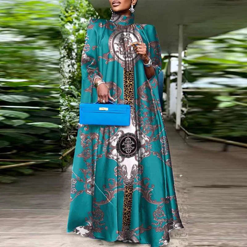 VONDA-Robe longue de soirée à manches chauve-souris, grande taille, col montant, imprimé bohème, 2023