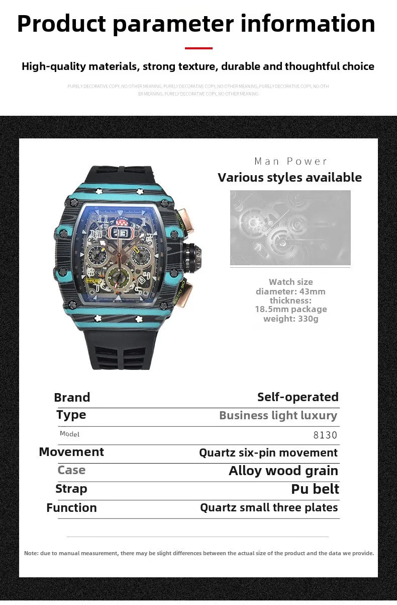 Nouvelle génération sport conception creuse montre d'affaires machines de sport modernes vent quartz petite montre artisanale à trois disques