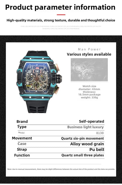 Nouvelle génération sport conception creuse montre d'affaires machines de sport modernes vent quartz petite montre artisanale à trois disques